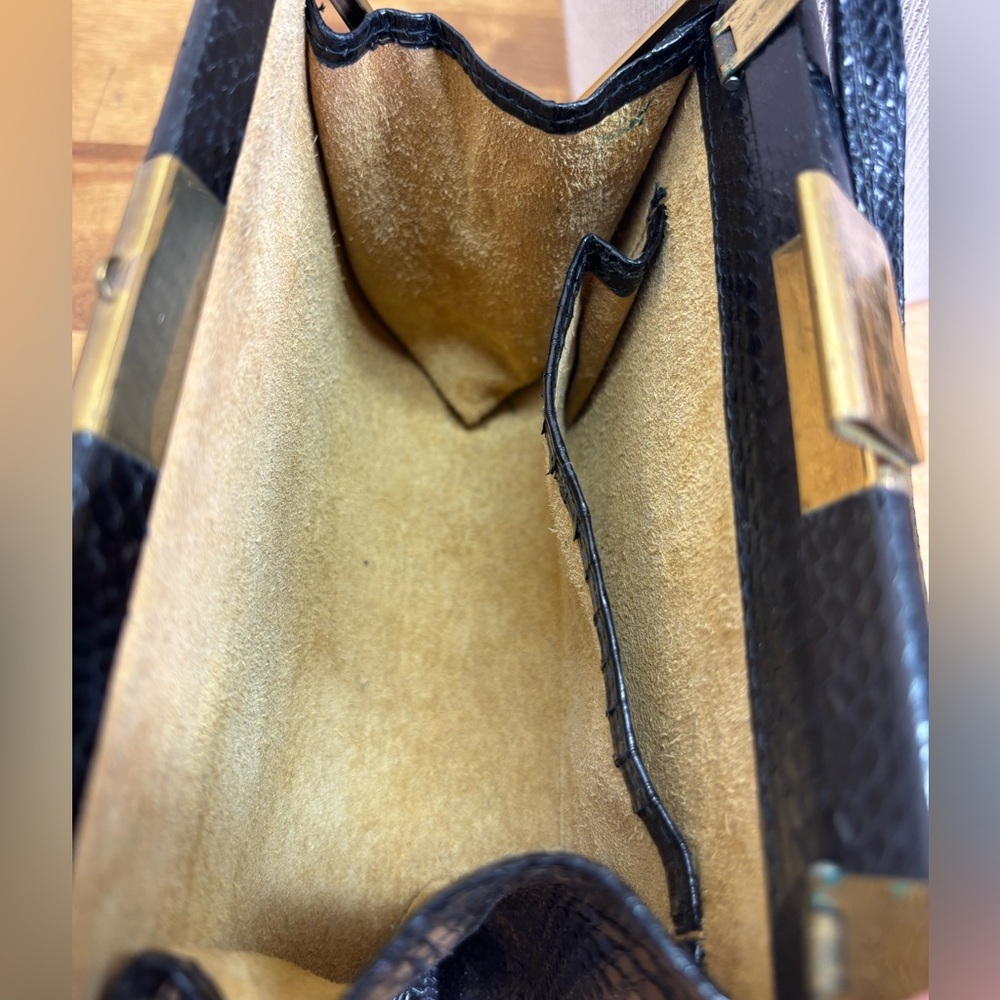 Vintage Black Genuine Lizard Skin Frame Bag - Suede Lined - Picture 10 of 13
